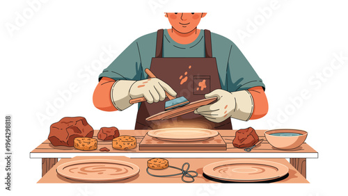 Crafting Ceramics: A skilled artisan meticulously works on a pottery piece, his focused gaze and precise movements highlighting the dedication and artistry involved in creating.