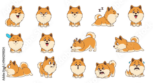 Cute cartoon Shiba Inu dog expressing various emotions and actions  