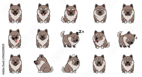 Cartoon Keeshond dog expressions showing various emotions and actions  