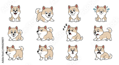 Cute American Eskimo dog character illustrations in various emotions  