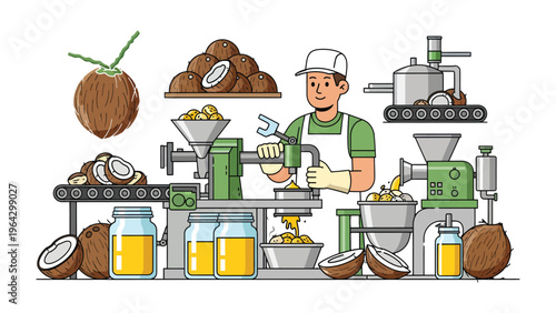 Coconut Oil Production Process: An illustrative depiction of the coconut oil production process, where a dedicated individual oversees the transformation of coconuts into pure, golden oil.