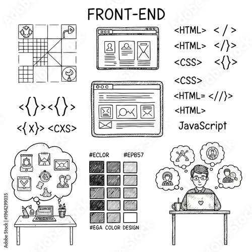 Front-end web development tools and concepts including wireframes, code snippets, color palettes, and a developer at work.
