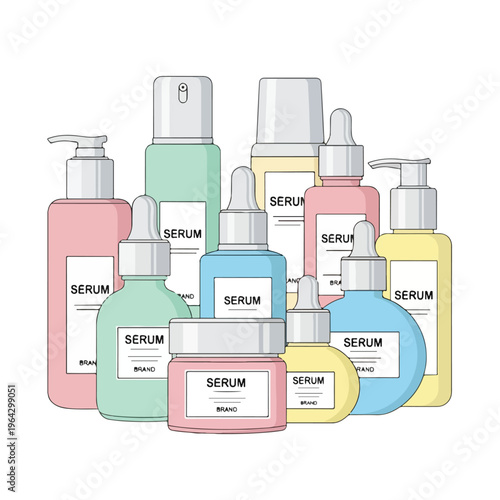 Collection of colorful serum bottles for skincare routine