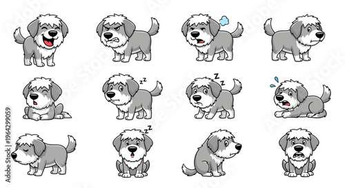 Cartoon Polish Lowland Sheepdog showing various emotions and actions  