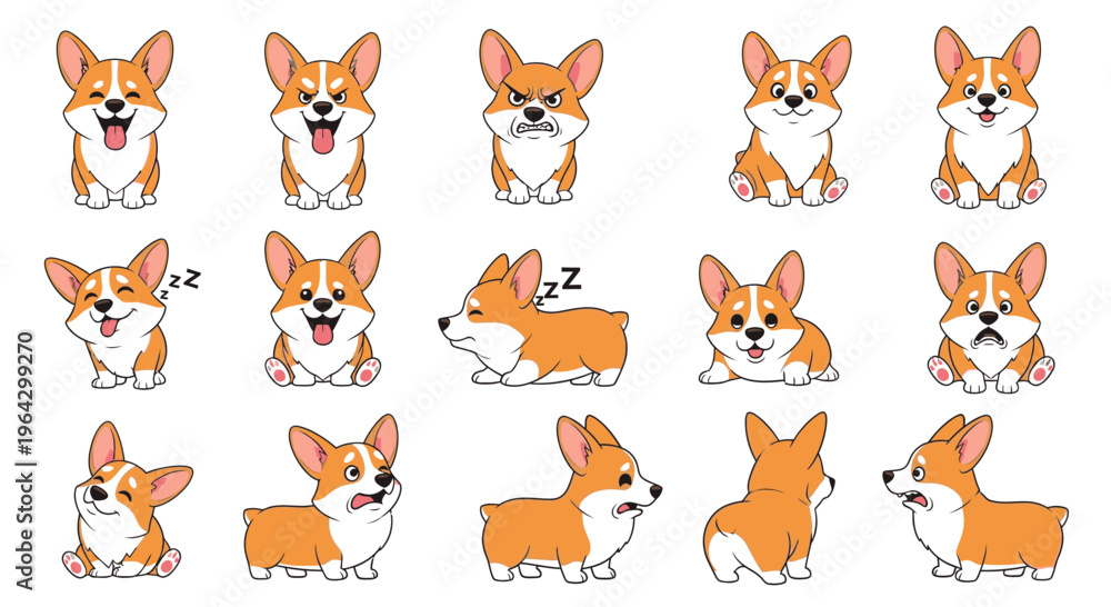 Fototapeta premium Cartoon Pembroke Welsh Corgis displaying various emotions and poses 