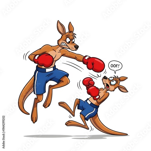 boxer kangaroos fighting with red boxing gloves Australian animal funny roo cartoon comic illustration