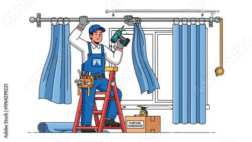 Window Treatment Installation: A skilled installer meticulously hangs a stylish window treatment, demonstrating expertise in home improvement and interior design.