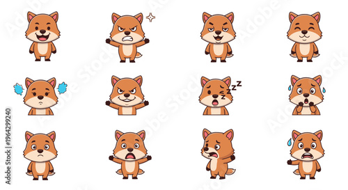 Cute cartoon fox characters expressing different emotions and actions  