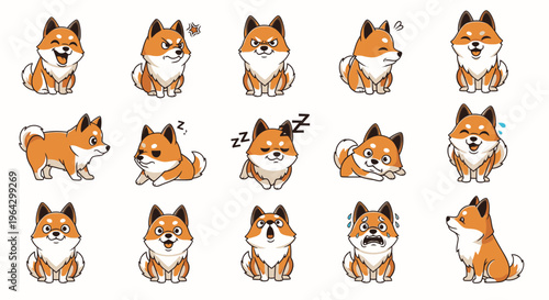 Cute cartoon Shiba Inu dog in various playful and relaxed poses  