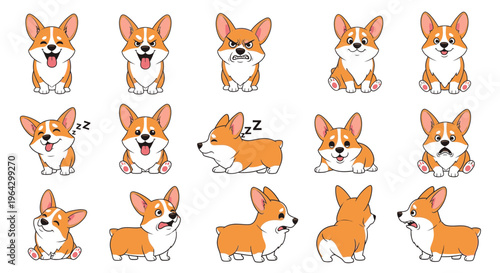 Cartoon Pembroke Welsh Corgis displaying various emotions and poses  