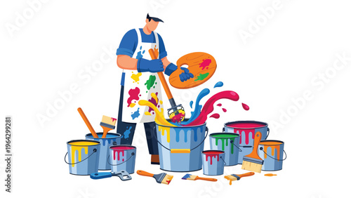 Artistic Inspiration: A skilled artisan, enveloped in the creative process, stirs vibrant hues within a paint can, surrounded by an array of colorful tools and palettes.