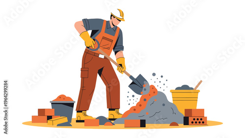 Construction Work: A construction worker skillfully shovels cement on a building site surrounded by construction materials, showcasing the essence of industry and labor.