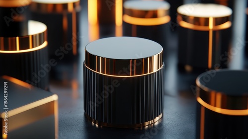 Elegant Black and Gold Cylindrical Product Container with Subtle Illumination