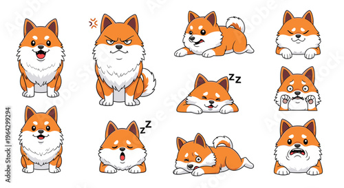 Cartoon Shiba Inu dog expressions in various poses and emotions  