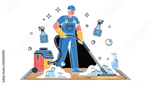 Cleaning Technician at Work: A diligent cleaning technician expertly maneuvers a vacuum cleaner, revitalizing a carpet while surrounded by cleaning essentials and bubbles.