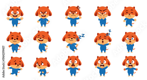 Cartoon dog character expressing various emotions and actions in blue outfit  