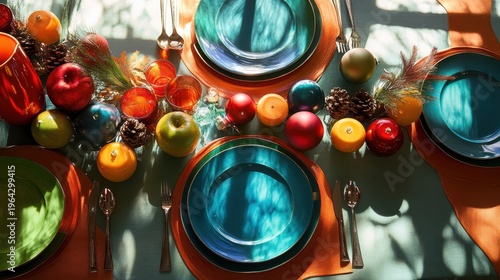 Elegant Holiday Dinner Table Setting with Vibrant Fruits and Festive Decorations