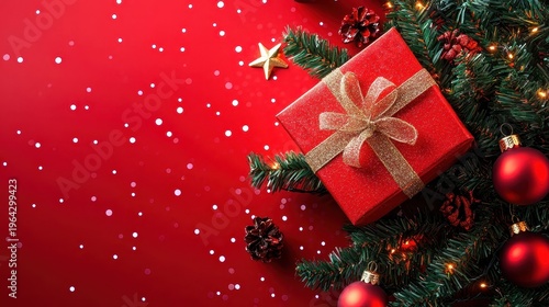 Elegant red gift box with festive Christmas decorations and twinkling lights on a vibrant background