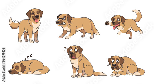 Cartoon dog characters displaying various emotions and activities  