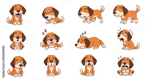 Cartoon dog expressing various emotions in playful poses  