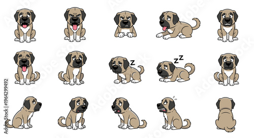 Kangal puppy expressing various emotions in playful cartoon style  
