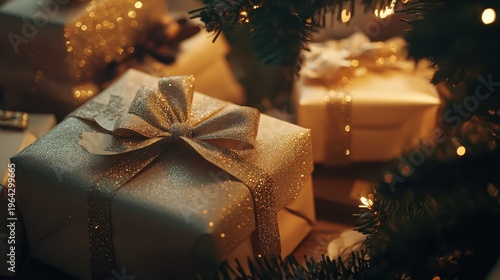 Festive Christmas Gifts Wrapped in Glittery Paper with Gold Bows Under a Twinkling Tree