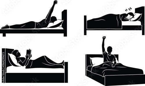 Black silhouettes of people in bed including sleeping, waking up, stretching, and reading a book, representing a healthy daily routine.