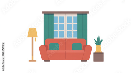Cozy living room scene with a red sofa floor lamp and window with teal curtains flat design illustration for interior decor concepts