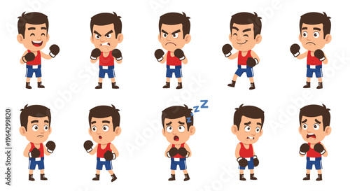 Cartoon boxer expressing different emotions and poses on white background  