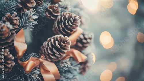 Festive Christmas Wreath with Frosted Pinecones and Satin Ribbons, Decorated with Warm Lights and Rustic Charm