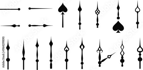 Clock Hands Vector Set Featuring Vintage, Classic and Ornamental Watch Needle Designs for Timepieces, Wall Clocks, UI Icons and Decorative Graphics