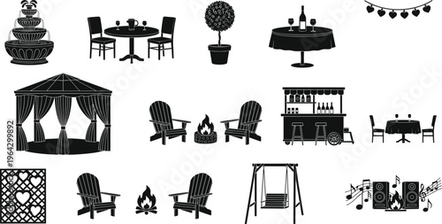 Collection of black outdoor garden party silhouette icons featuring furniture gazebo fountain fire pit swing and bar for backyard events