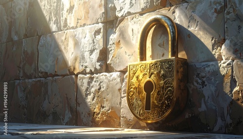 Golden Lock on Stone Wall - Security and Protection.