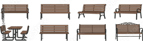 Collection of various park bench designs including wooden slats, metal frames, outdoor street furniture, garden seating, and a picnic table set.