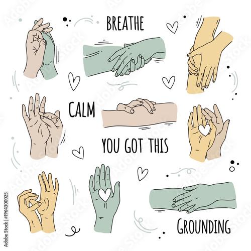 Set of hand drawn illustrations depicting comforting gestures, words of encouragement, and symbols for mental grounding and support.