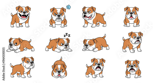 Cartoon American Bulldog displaying various emotions and actions  