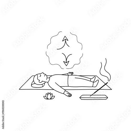 Person practicing yoga in savasana pose with lotus flower and incense, focusing on breath and meditation for relaxation.