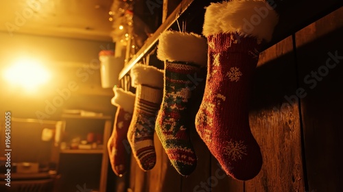 Four festive Christmas stockings hanging from a staircase railing, illuminated by warm, soft indoor lighting.