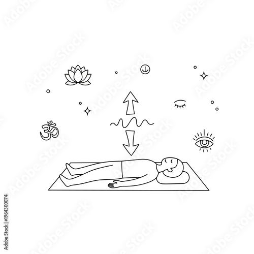 Yoga relaxation in savasana pose with spiritual symbols like lotus flower, om symbol, and third eye, depicting mindful meditation.