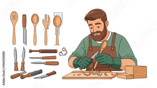 Crafting Excellence: An artisan is diligently carving a wooden spoon. The scene beautifully captures the essence of woodworking, showcasing the dedication of craftmanship.