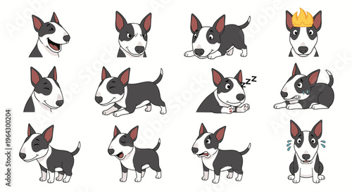 Cartoon miniature bull terrier displaying various emotions and actions  
