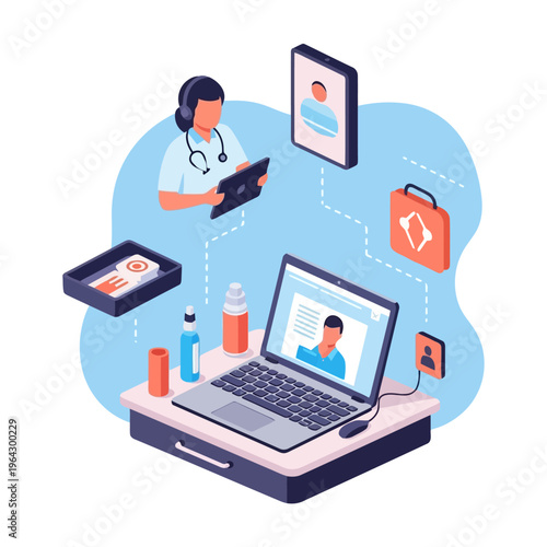 Telemedicine concept with a doctor on a tablet providing online consultation a laptop showing patient profile and medical supplies scattered around.