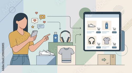 Flat Illustration of a Woman Shopping Online via Mobile App and Social Media for E-commerce and Digital Marketing Concept