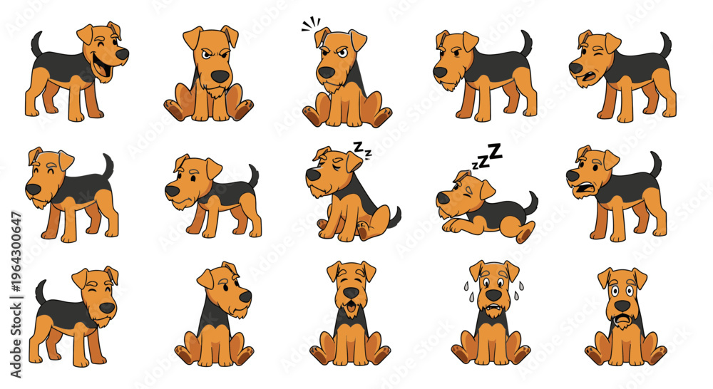 Fototapeta premium Airedale Terrier dog character in various poses and expressions 
