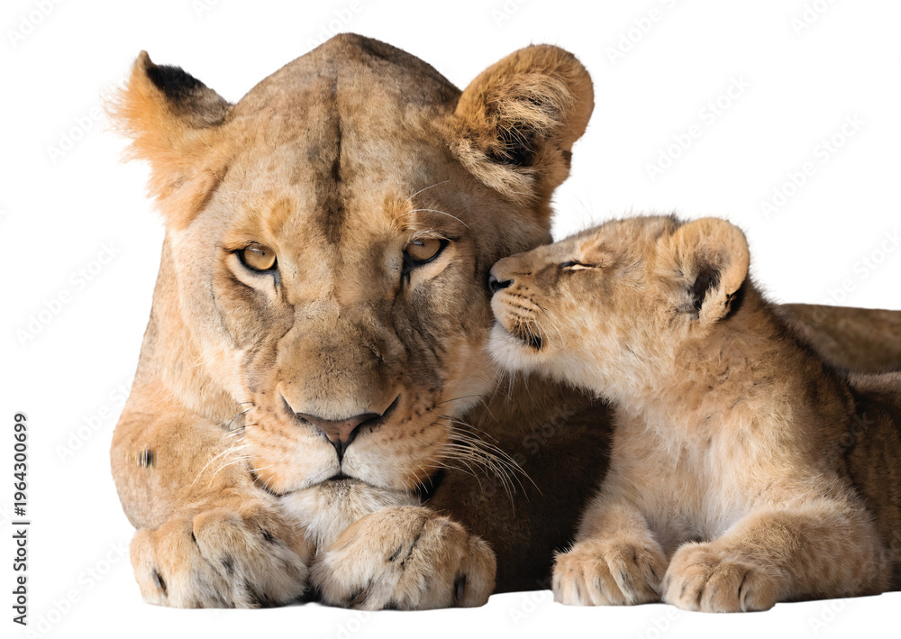 Fototapeta premium Lioness and Cub Resting Together, Wild Animal Family Concept: Lioness resting with her cub, strong yet tender moment, detailed fur and facial expression, realistic safari style, PNG cutout