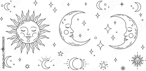 Sun and Moon Celestial Line Art Set Featuring Faces, Stars, Crescent Moons and Cosmic Elements for Astrology, Spiritual Design and Boho Illustrations