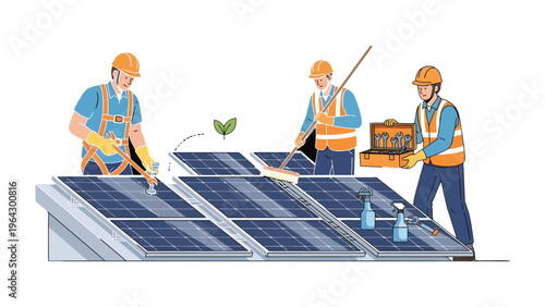 Solar Panel Maintenance:  Dedicated workers meticulously maintain the solar panels, symbolizing the unwavering commitment to a greener future and clean energy.