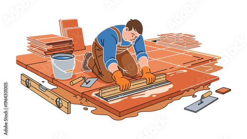 Tiling the Foundation: A dedicated worker meticulously lays tiles, his focused demeanor reflecting the precision required in his trade, creating a durable foundation.