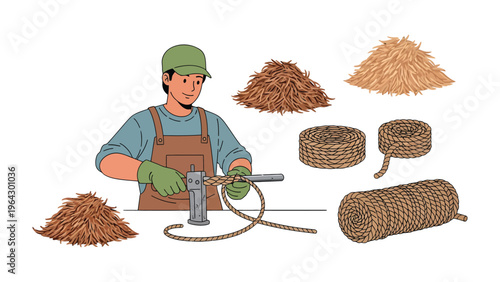 Crafting Rope: A skilled artisan meticulously weaves rope with a focused expression, surrounded by heaps of natural fibers and completed rope pieces.
