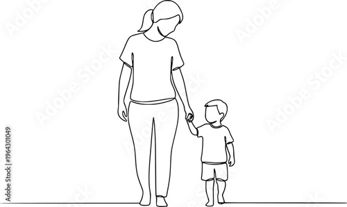 Mother and Son Walking Together Continuous Line Drawing Minimalist Vector Illustration